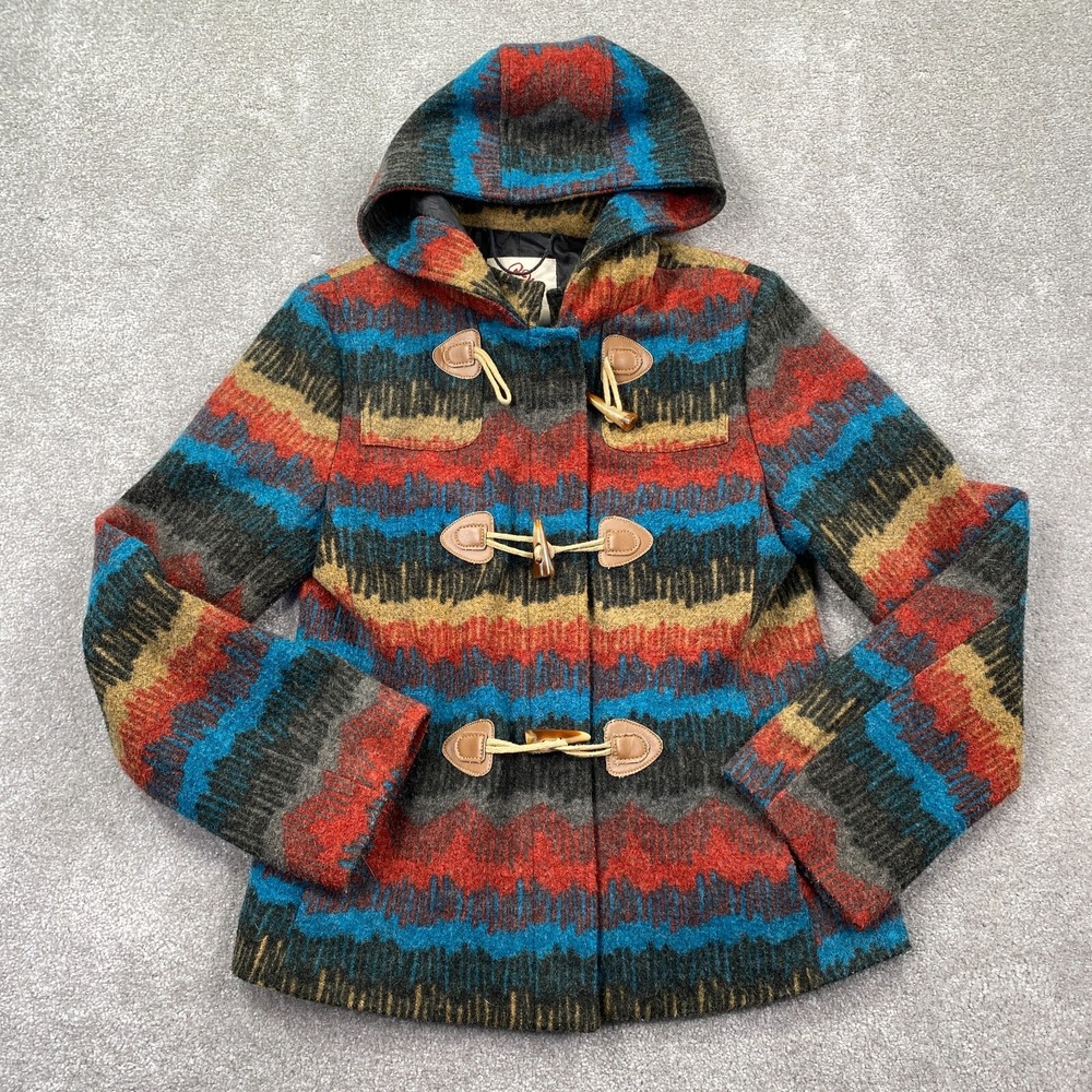 Heart Women's Aztec‎ Tribal Wool Toggle Duffle Coat Jacket Size S Multicolor